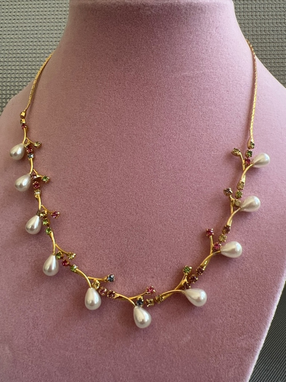 Gold Pearl Drop Branch Necklace with Multicolor Stones - Women Jewelry